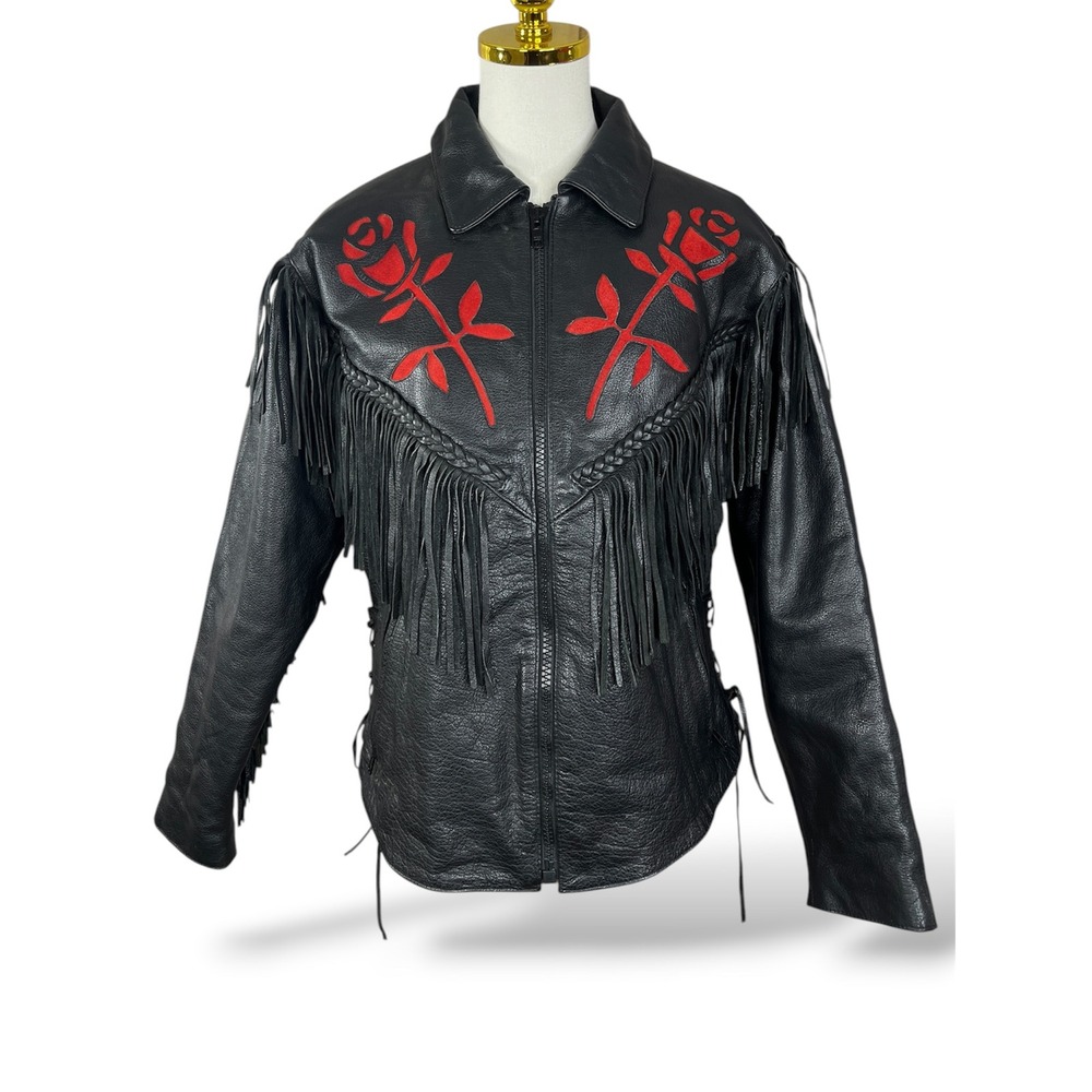 Womens Black Leather Fringe Motorcycle Jacket Red Rose Embroidery Western Size M